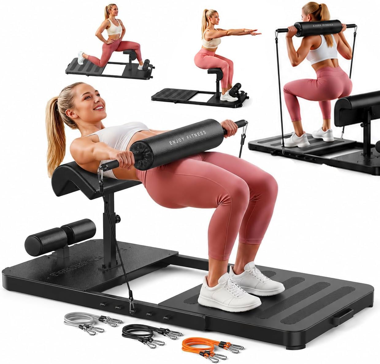 FEIERDUN HT1 Adjustable Hip Thrust Machine for Home Gym, Progressive Glute Training System with Barbell-Style Squat, Padded Support Bar, 7-Level Resistance Bands, Heavy-Duty Steel Frame